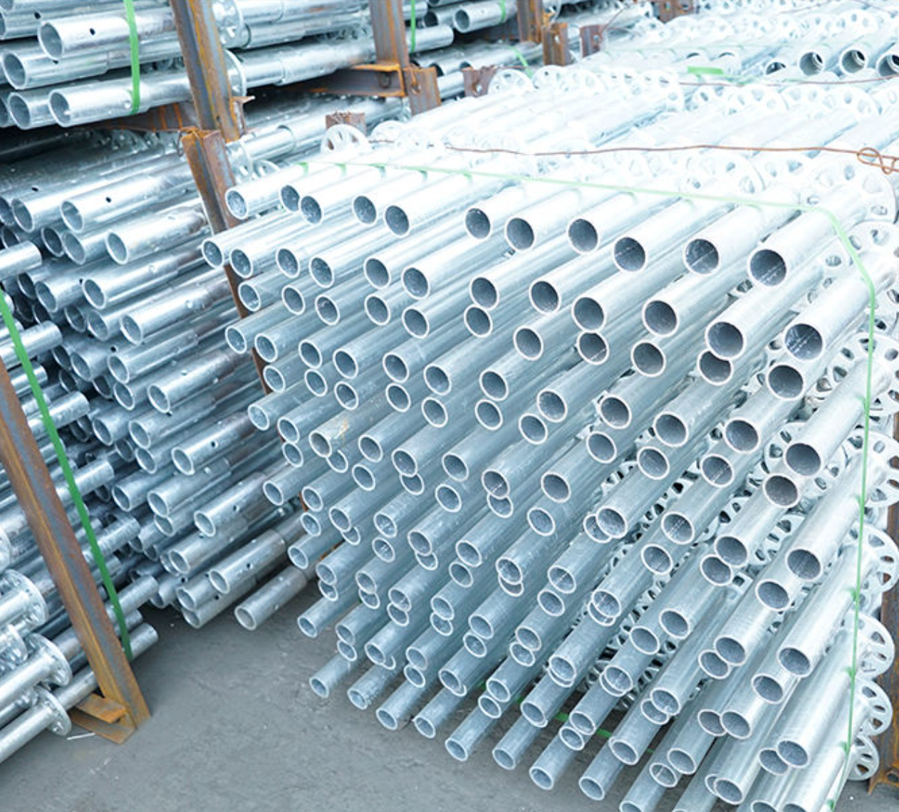 Multidirectional scaffolding ledgers and horizontal tubes stacked in factory