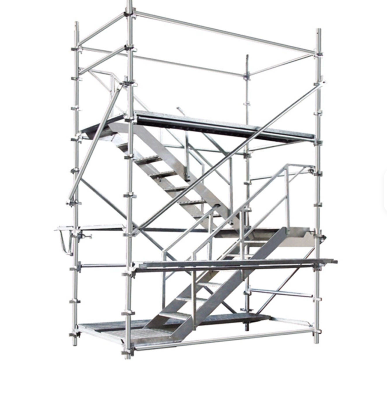 Multidirectional scaffolding system tower with stair access and working platforms