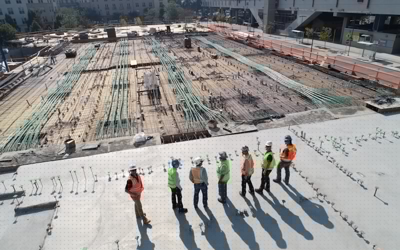 Cuplock scaffolding system being used for concrete slab formwork support on a construction site