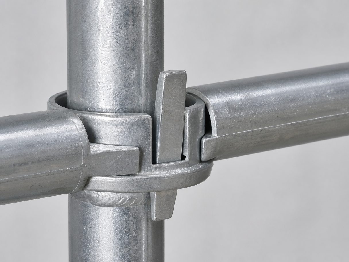 Cuplock cup-and-blade joint close-up: welded bottom cup, forged ledger blades, sliding top cup locked by wedge