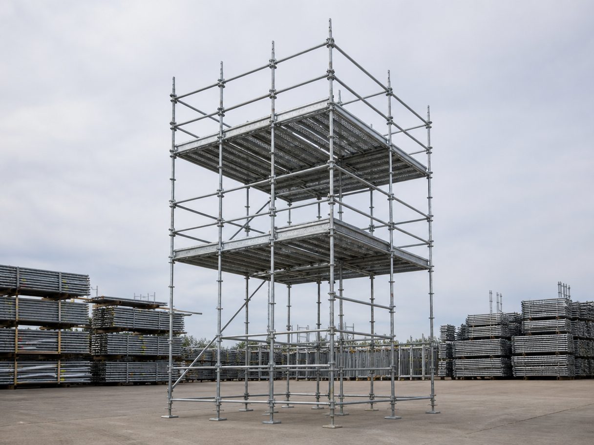Galvanized cuplock scaffolding tower assembled in a factory yard, four-way cup-and-blade nodes, 48.3mm standards
