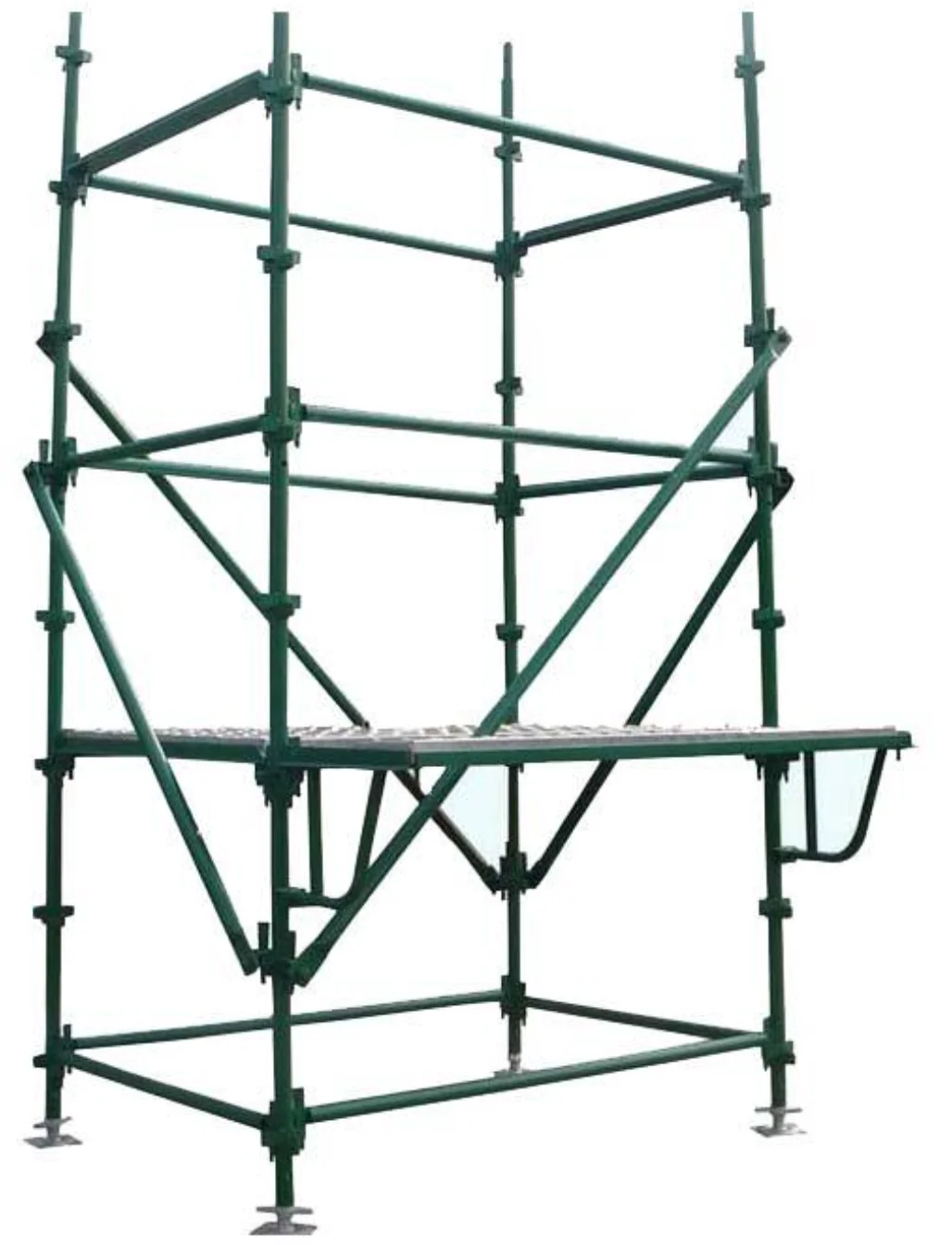 Green painted Kwikstage standards and ledgers stacked for shipment